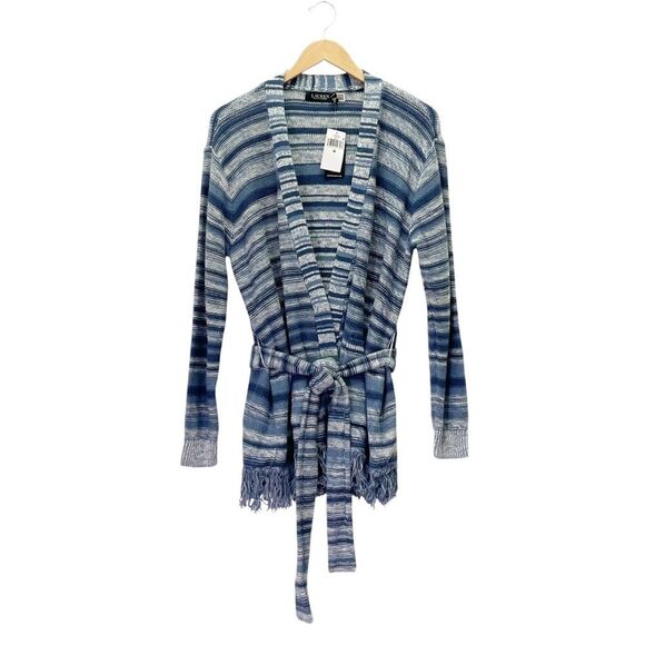 NWT Lauren Ralph Lauren Blue Striped Belted Linen-Cotton Cardigan Size Medium - Picture 7 of 15